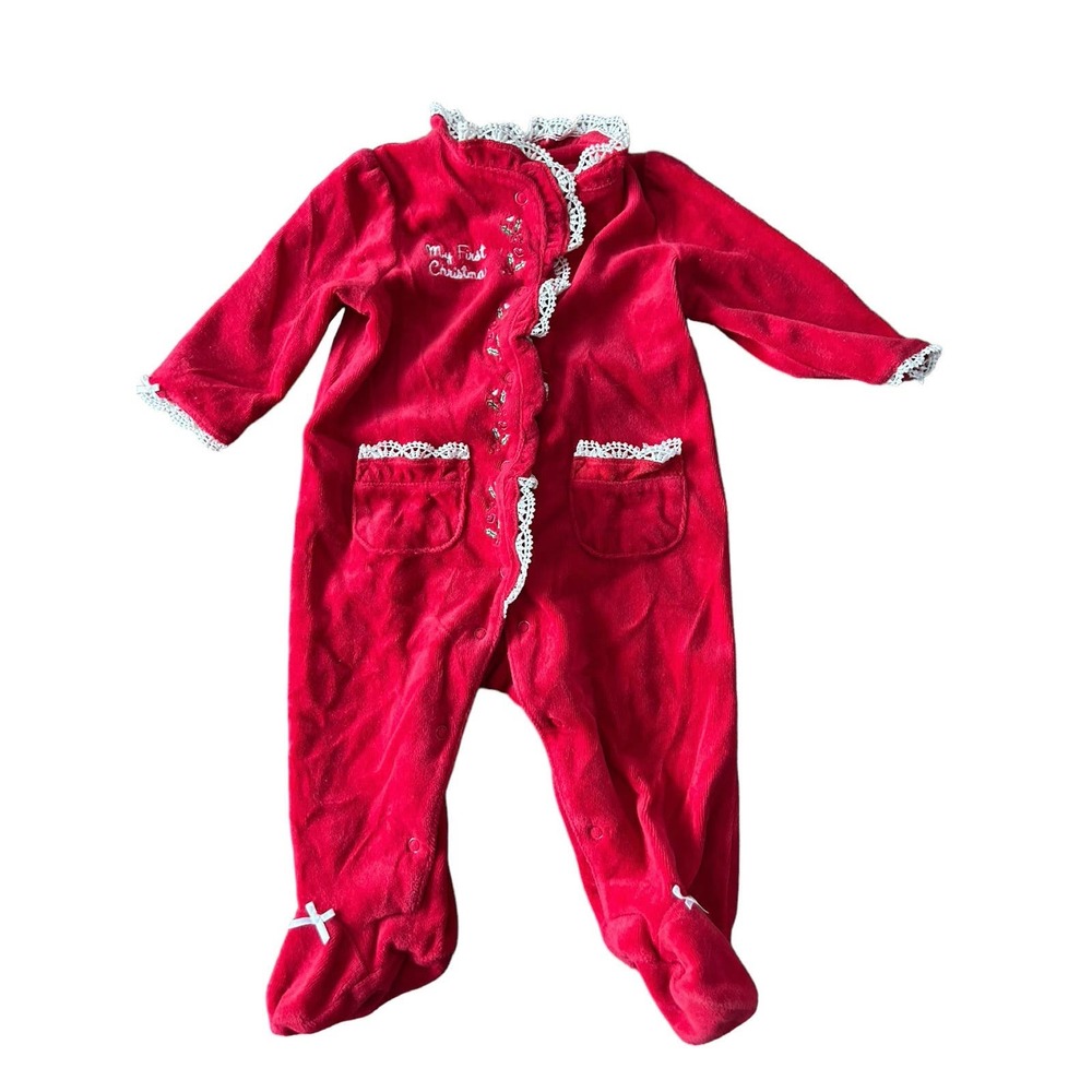 Little‎ Me infant girl red velour one piece sleeper footed size 6 months